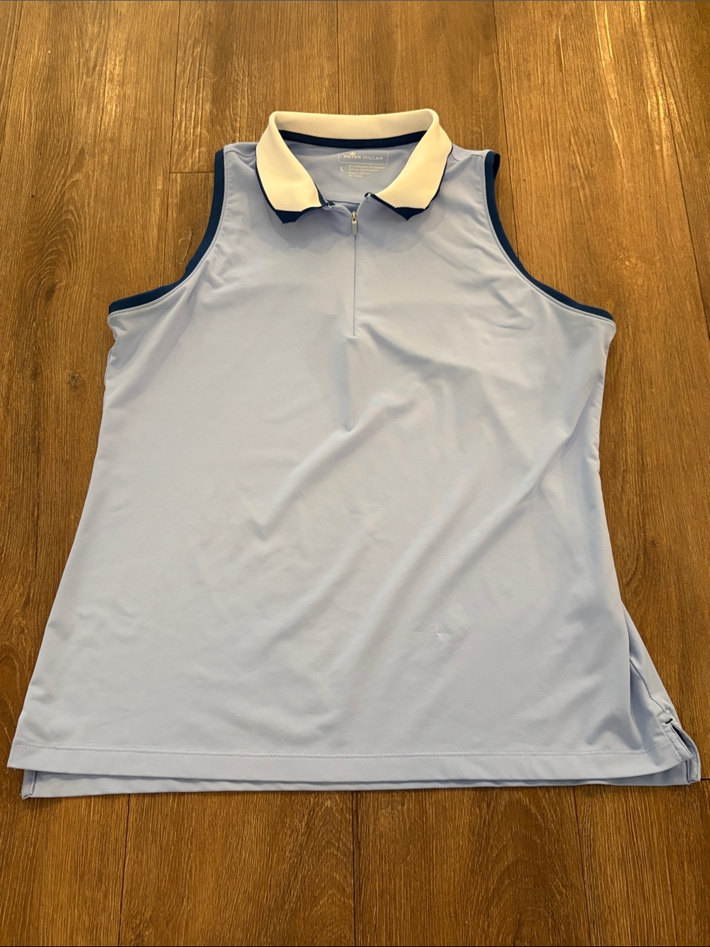 Peter Millar Light Blue Sleeveless Polo Tank with White Collar and Navy Trim